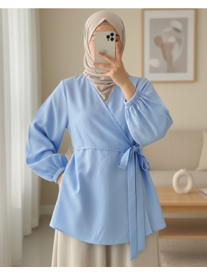 Çapraz Bağlamalı Kolu Lastikli Düğmeli Gömlek -Bebe Mavi