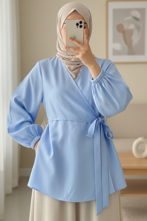Çapraz Bağlamalı Kolu Lastikli Düğmeli Gömlek -Bebe Mavi