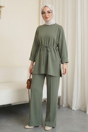 Yırtmaçlı Beli Bağcıklı Kolu Katlamalı Pantolonlu Oyşo Takım  -Haki