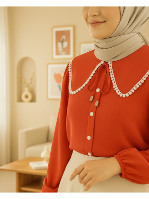 Bebe Yaka Dantelli Kolu Lastikli Gömlek   -Nar Çiçeği