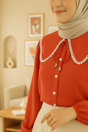 Bebe Yaka Dantelli Kolu Lastikli Gömlek   -Nar Çiçeği