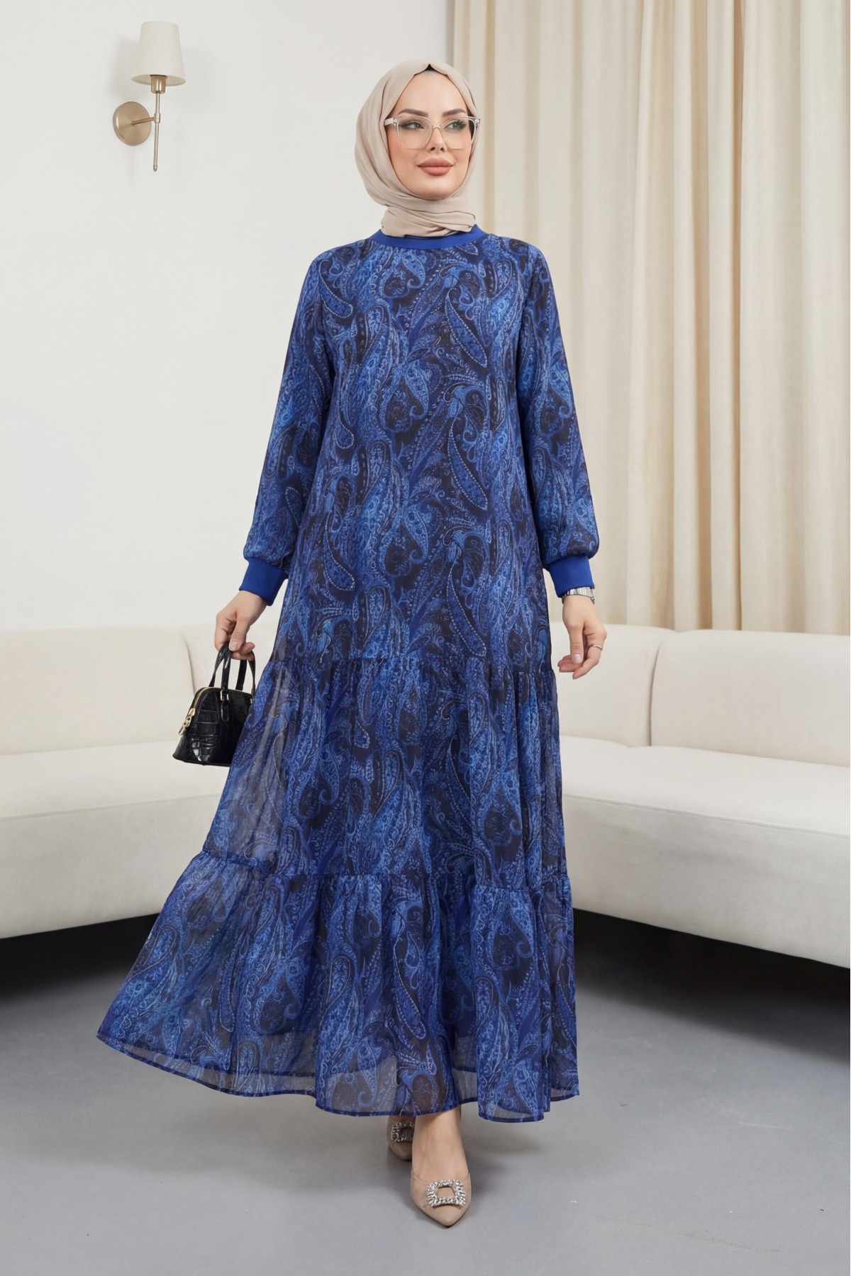 Ethnic Pattern Skirt Piece Lined Chiffon Dress -Navy blue