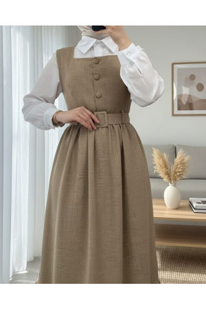 Top Düğmeli Altı Fırfırlı Beli Kemerli  Jile Elbise  -Vizon