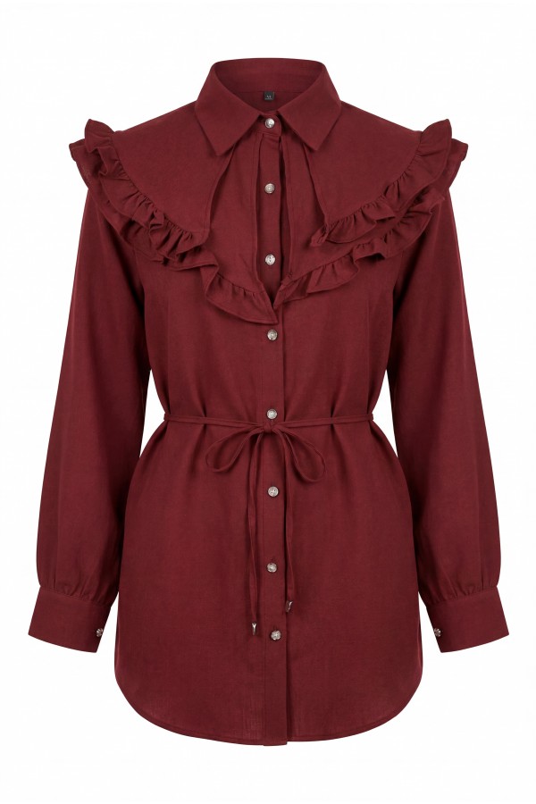 Linen Tunic with Double Layer Ruffled Collar, Buttoned Waist, and Drawstring -Maroon