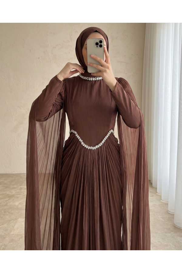 Janjan Evening Dress with Stoned Cape Detail on Collar and Waist -Dried rose