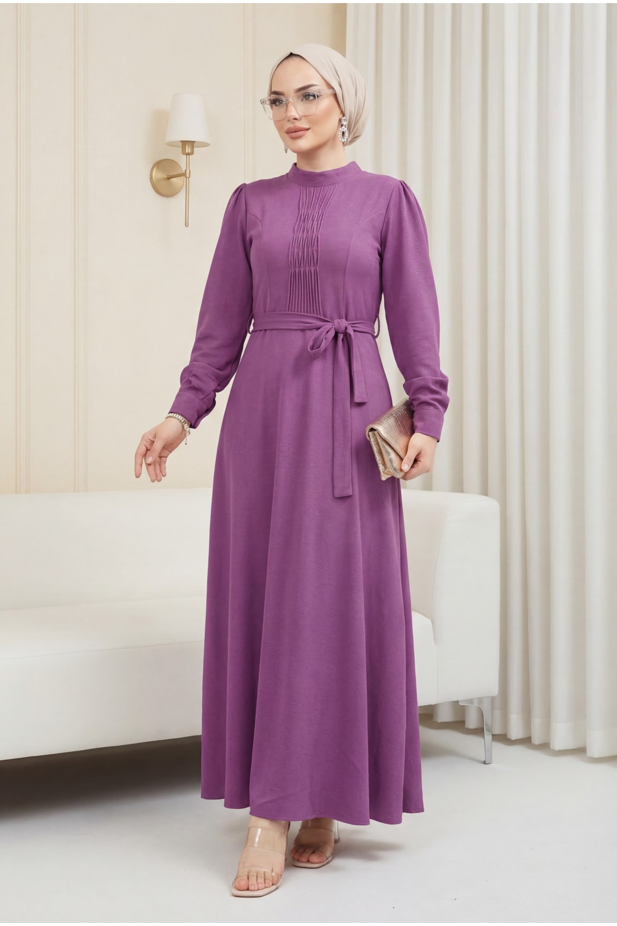 Belted Ayrobin Dress with Çima Detail   -Cherry Color