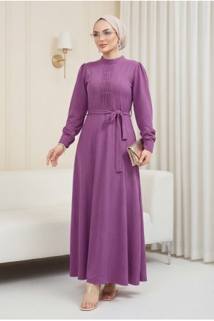 Çıma Detaylı Kemerli Ayrobin Elbise   -Vişne