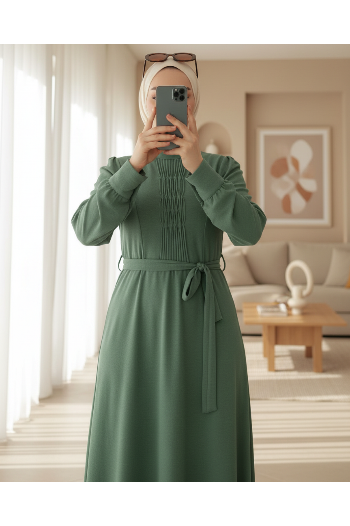 Belted Ayrobin Dress with Çima Detail    -Khaki
