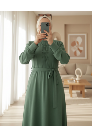 فستان أيروبين بحزام مع تفاصيل شيما   -خاكي