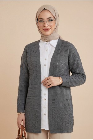 Ajurlu Mevsimlik Triko Hırka   -Füme