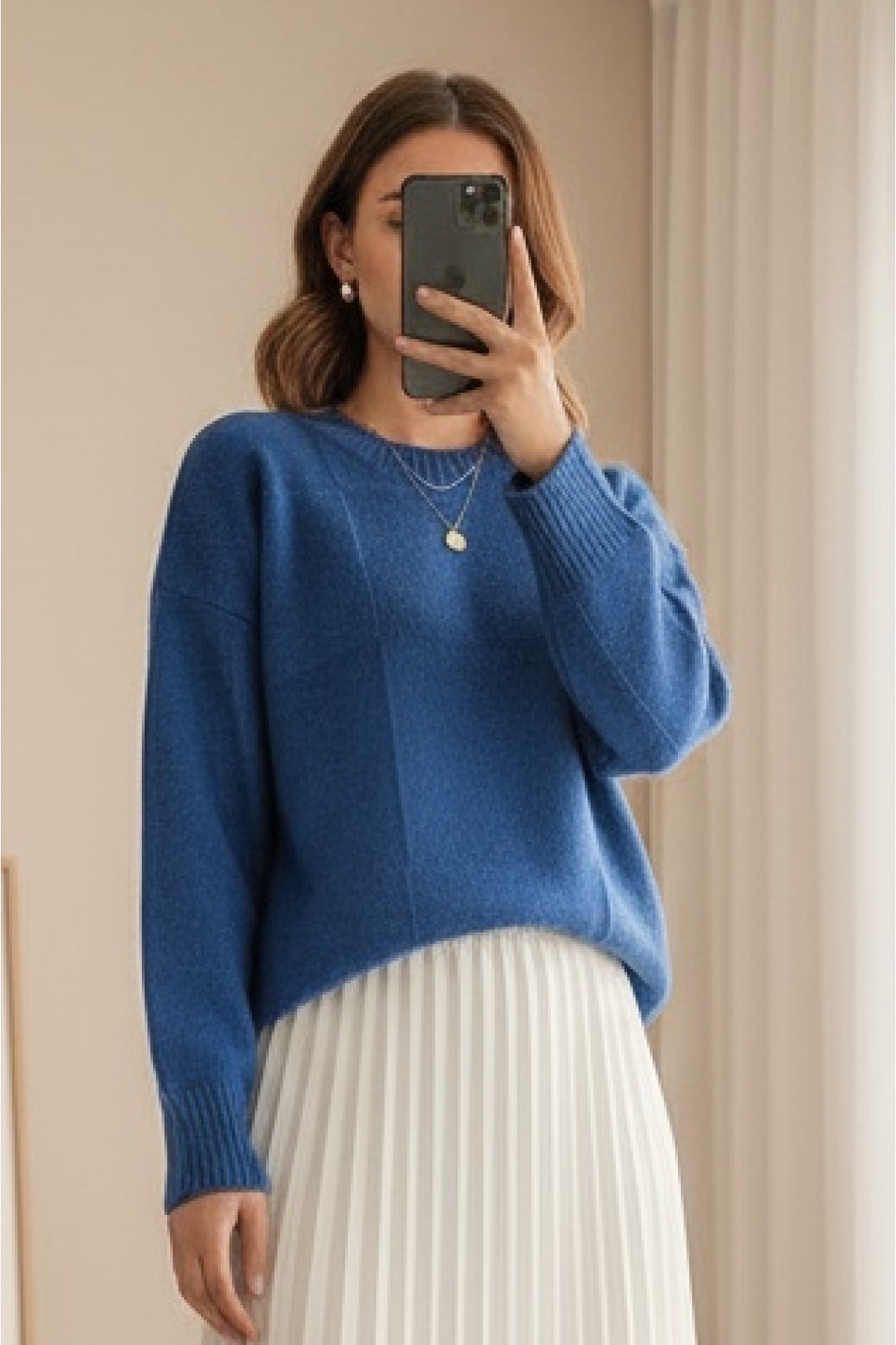 Square Patterned Round Neck Soft Sweater -Saxe 