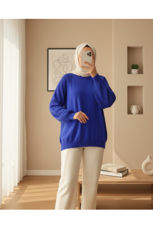  Kolları Ajurlu kadın Triko Kazak -Saks