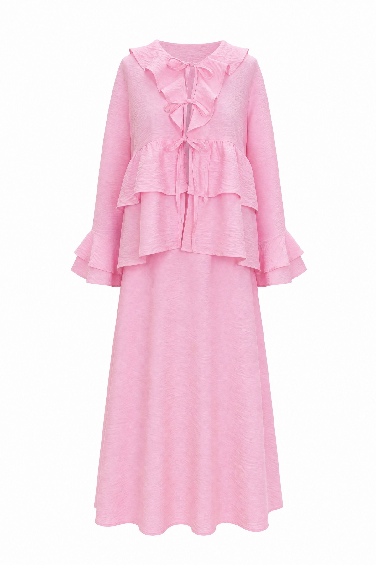 Cupra Kimono Set with Front Tie, Ruffles, Spanish Sleeves and Skirt -Pink