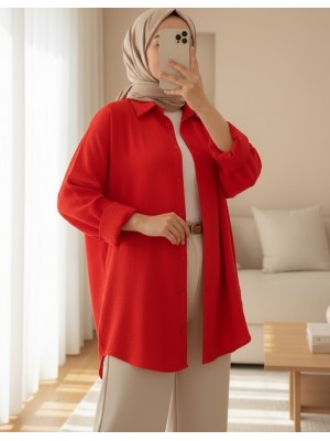 103901 Oversize Basic Tesettür Gömlek - Kırmızı
