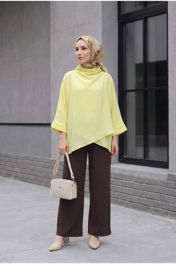 Omuzu Düğmeli Yarasa Kol Modal Kimono Panço -Sarı