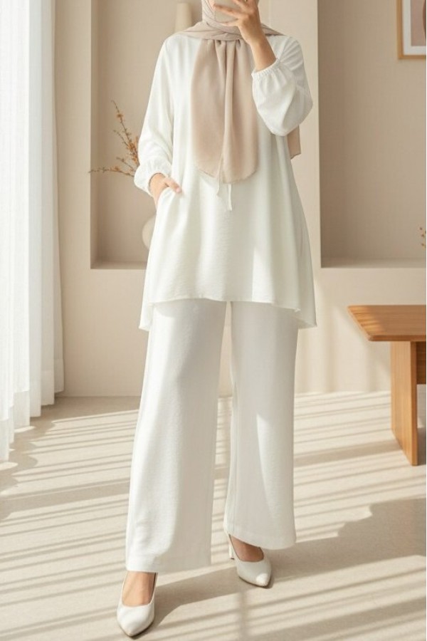 Elastic Waist Laced Wide Leg Modal Fabric Casual Trousers-Ecru