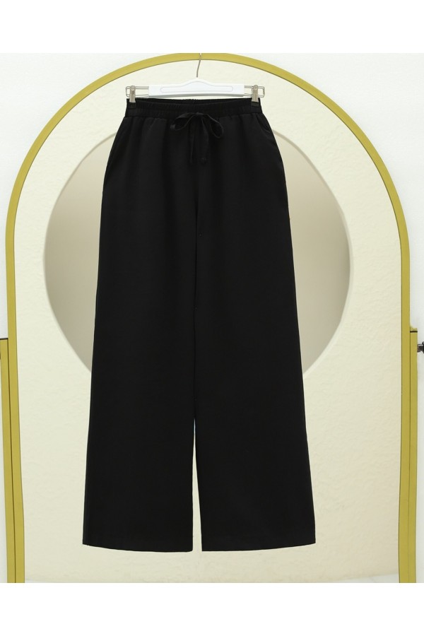Elastic Waist Laced Wide Leg Modal Fabric Casual Trousers -Black