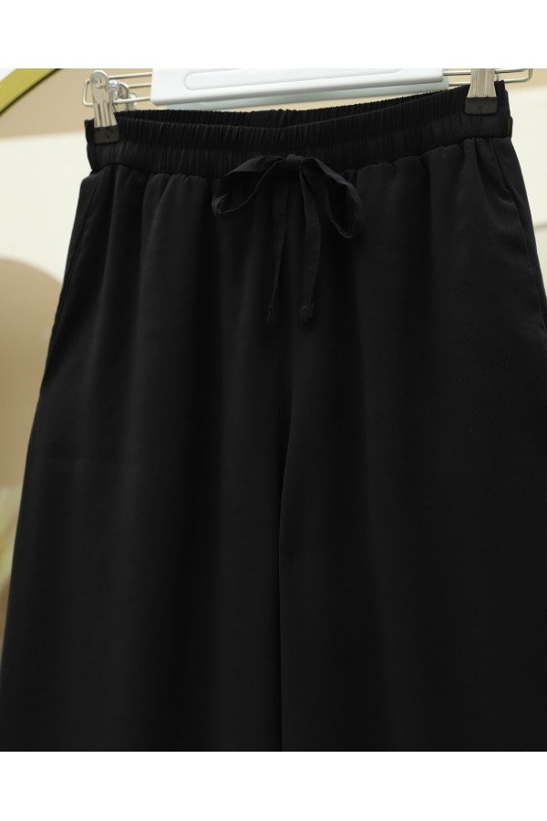 Beli Lastikli Bağcıklı Bol Paça Modal Kumaş Salaş Pantolon -Siyah