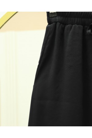 بنطلون كاجوال واسع الساق من قماش مودال بخصر مطاطي مزين بالدانتيل -أسود