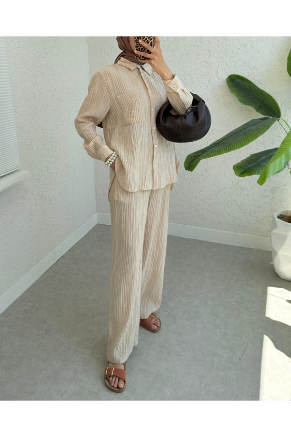 Single Pocket Corduroy Tencel Fabric Two Piece Suit - Beige