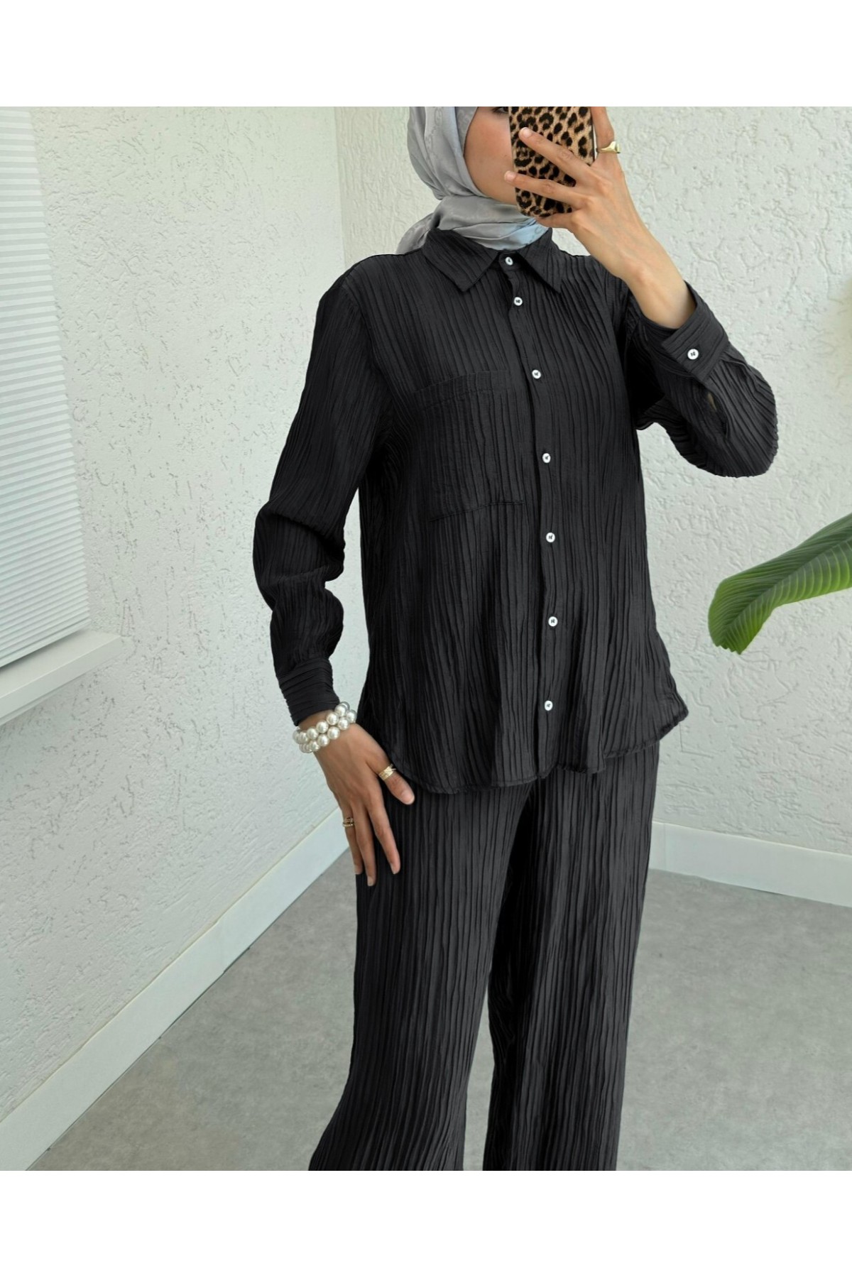 Single Pocket Corduroy Tencel Fabric Two Piece Suit -Black