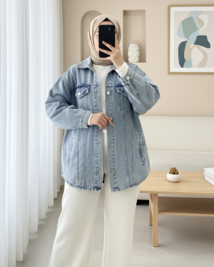 Boydan Düğmeli Cepli Kot Ceket -Buz Mavi