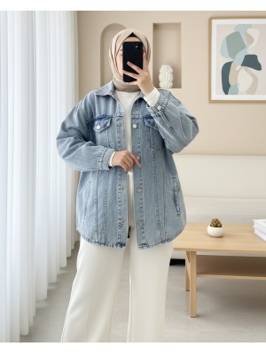Button down Denim Jacket with Pockets -Ice Blue