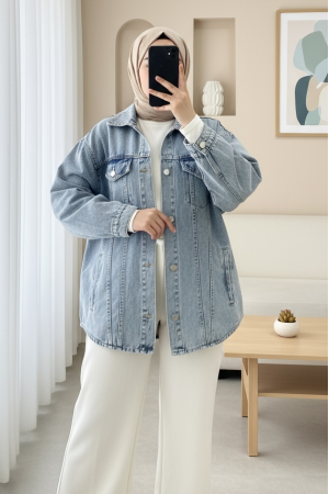 Button down Denim Jacket with Pockets -Ice Blue