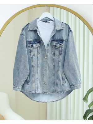 Boydan Düğmeli Cepli Kot Ceket -Buz Mavi