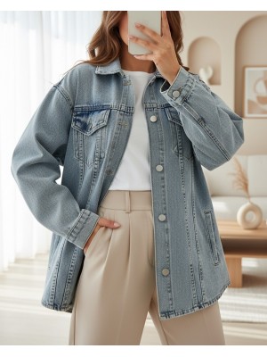 Boydan Düğmeli Cepli Kot Ceket -Buz Mavi