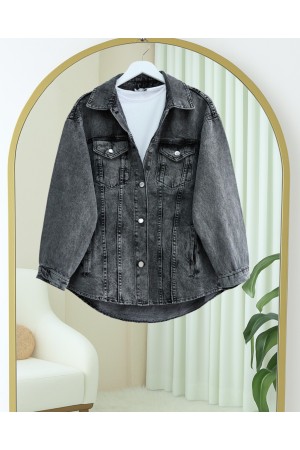 Boydan Düğmeli Cepli Kot Ceket -Füme