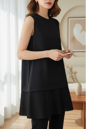 Eteği Pliseli Sıfır Kol Modal İçlik  -Siyah