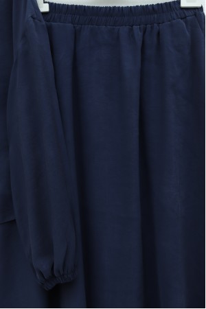 Modal Suit with Elasticated Sleeves, Pearl-Embellished Button Front, and Skirt -Navy blue