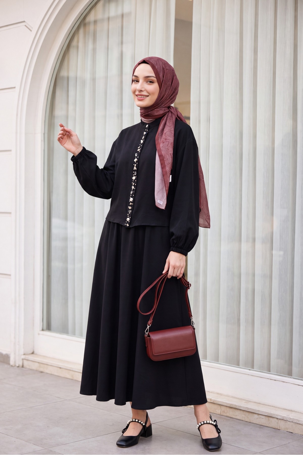Modal Suit with Elasticated Sleeves, Pearl-Embellished Button Front, and Skirt -Black