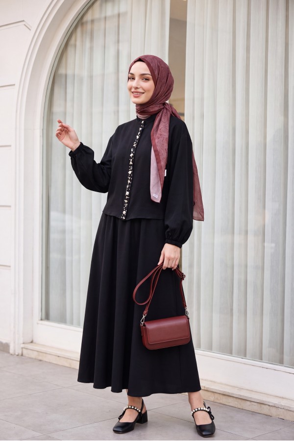 Modal Suit with Elasticated Sleeves, Pearl-Embellished Button Front, and Skirt -Black
