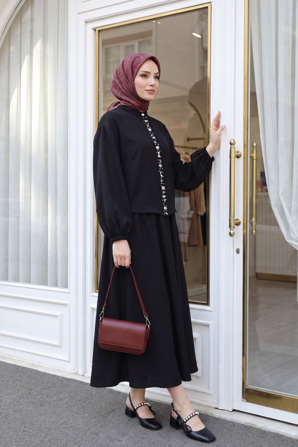 Modal Suit with Elasticated Sleeves, Pearl-Embellished Button Front, and Skirt -Black