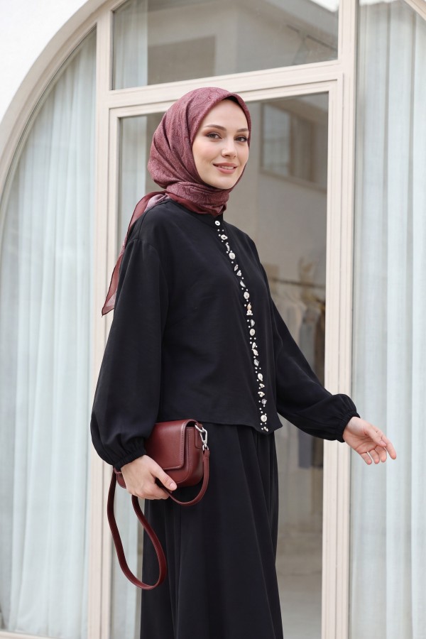 Modal Suit with Elasticated Sleeves, Pearl-Embellished Button Front, and Skirt -Black