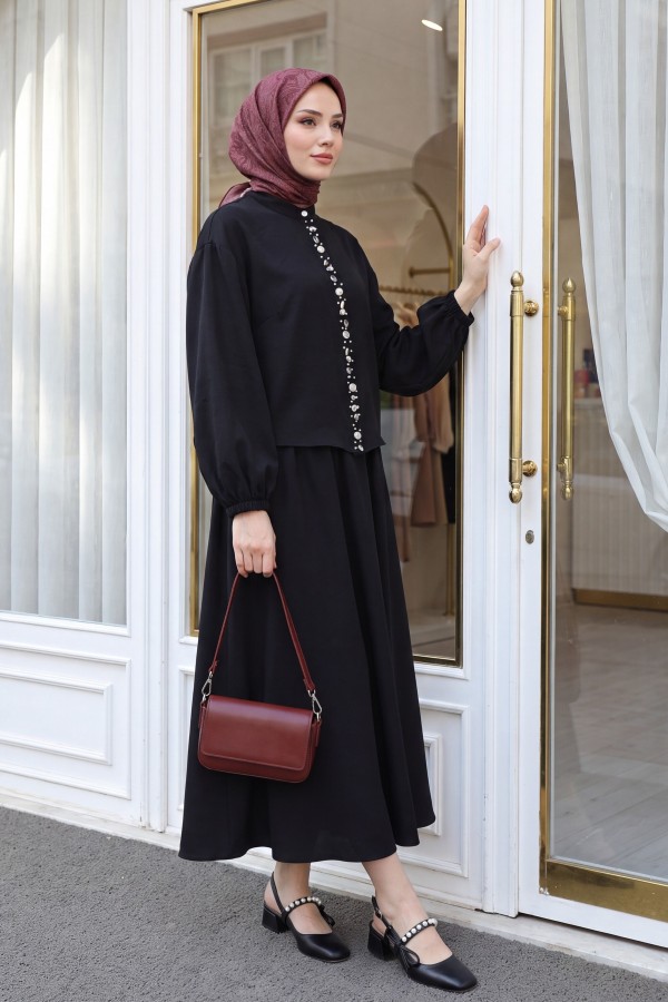 Kolu Lastikli Önü İncili Düğmeli Etekli Modal Takım -Siyah