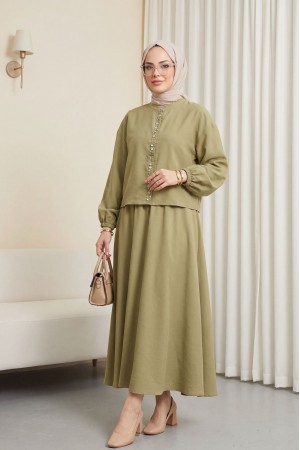 Kolu Lastikli Önü İncili Düğmeli Etekli Modal Takım -Zeytin