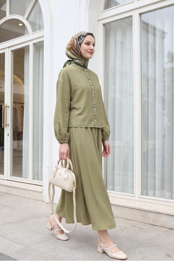Modal Suit with Elasticated Sleeves, Pearl-Embellished Button Front, and Skirt -Olive