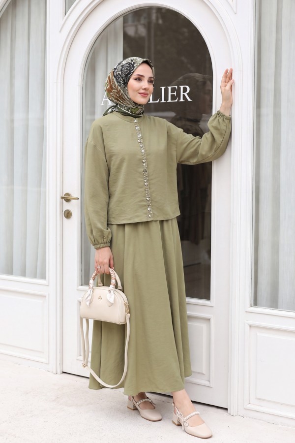 Modal Suit with Elasticated Sleeves, Pearl-Embellished Button Front, and Skirt -Olive