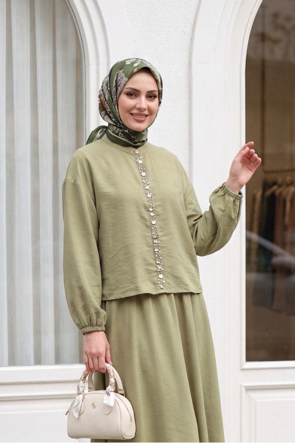 Modal Suit with Elasticated Sleeves, Pearl-Embellished Button Front, and Skirt -Olive