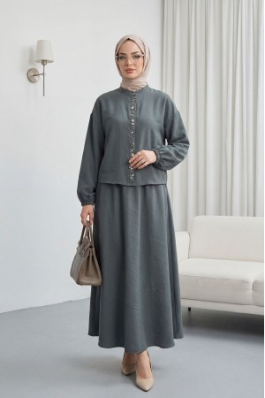 Kolu Lastikli Önü İncili Düğmeli Etekli Modal Takım  -Petrol