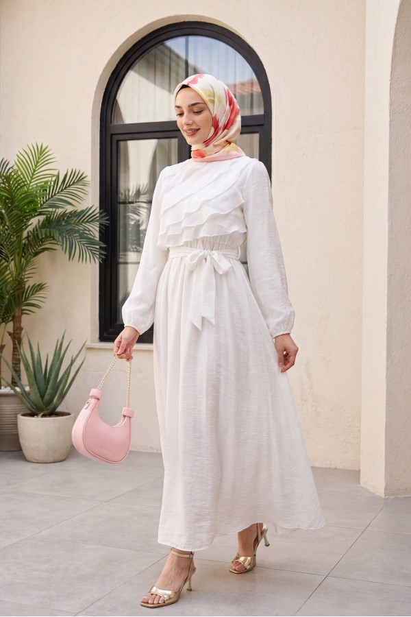 Chiffon dress with elasticated waist folded front balloon sleeves and lining -Ecru