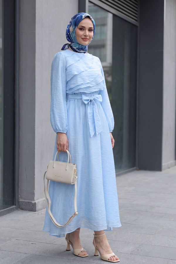 Chiffon dress with elasticated waist folded front balloon sleeves and lining  -Blue
