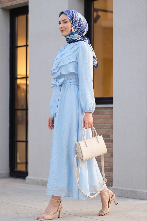 Chiffon dress with elasticated waist folded front balloon sleeves and lining  -Blue
