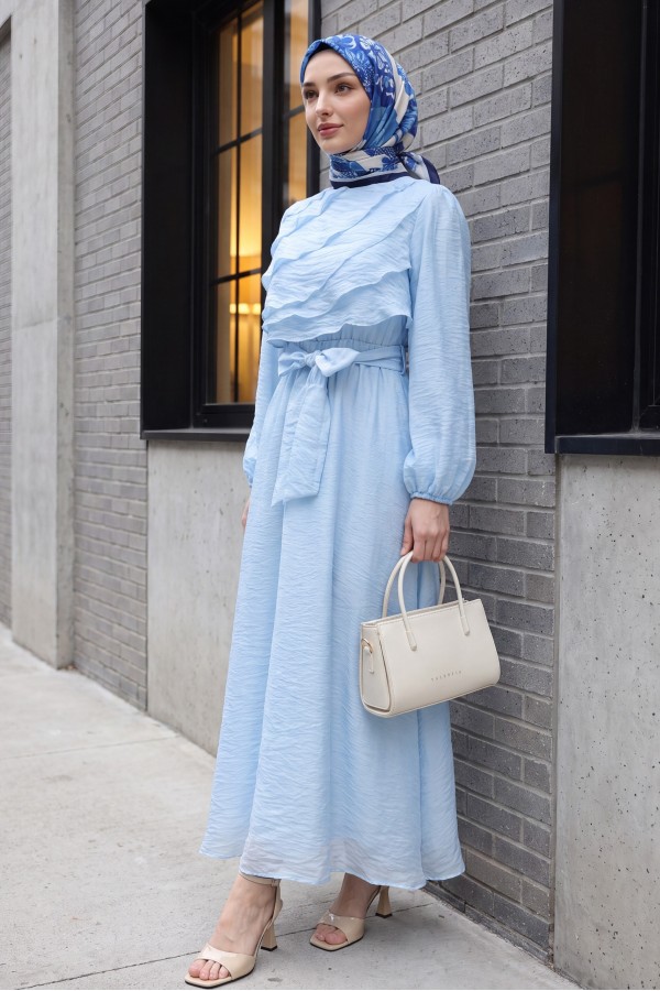 Chiffon dress with elasticated waist folded front balloon sleeves and lining  -Blue
