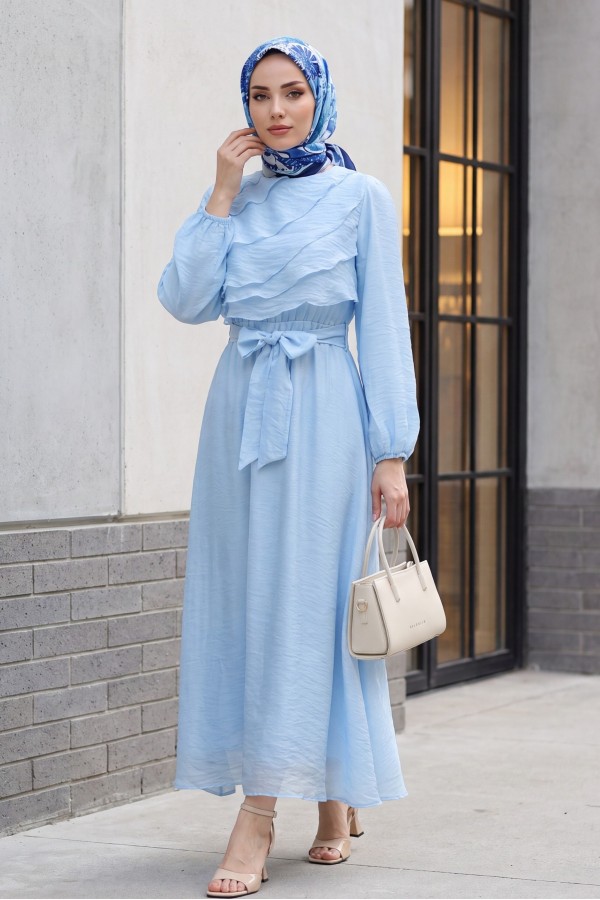 Chiffon dress with elasticated waist folded front balloon sleeves and lining  -Blue