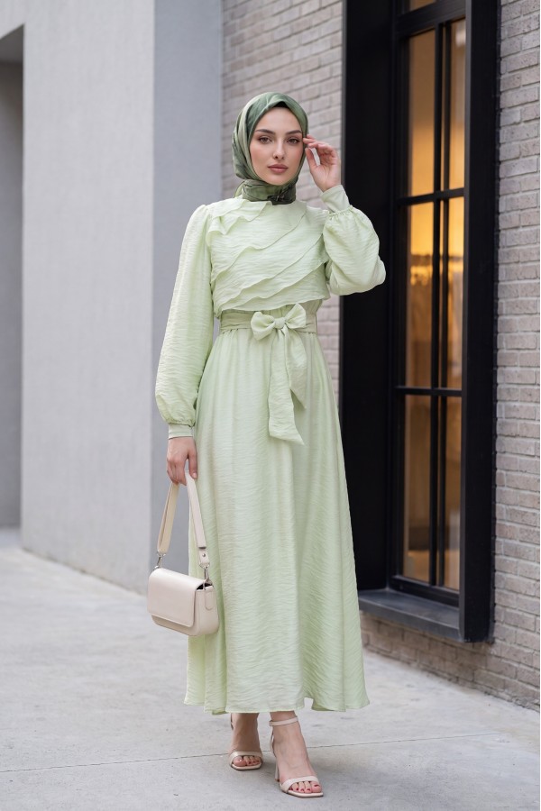 Chiffon dress with elasticated waist folded front balloon sleeves and lining  -Sea green