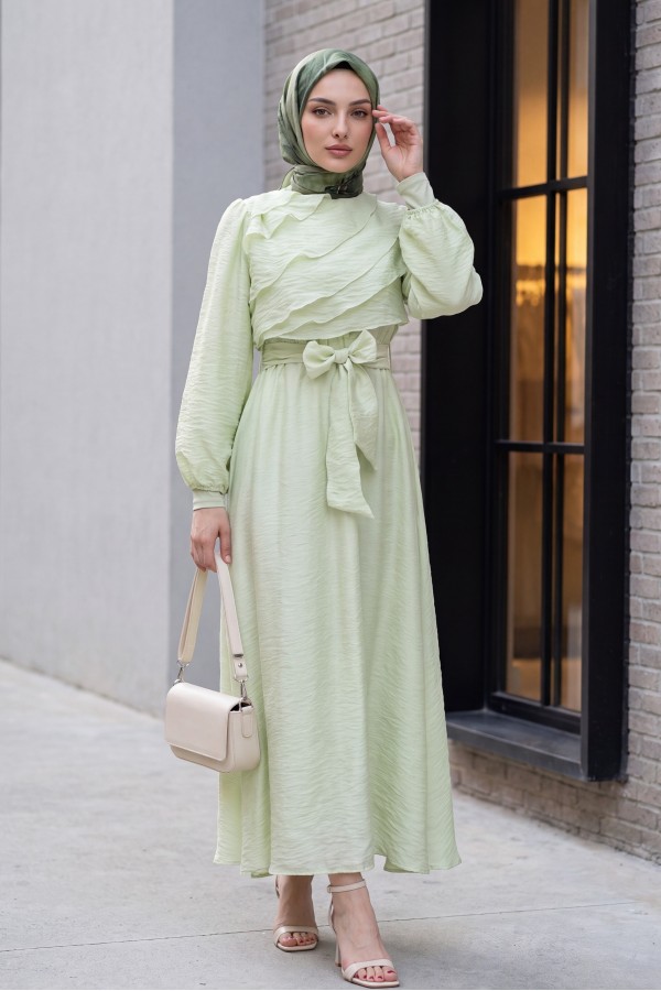 Chiffon dress with elasticated waist folded front balloon sleeves and lining  -Sea green